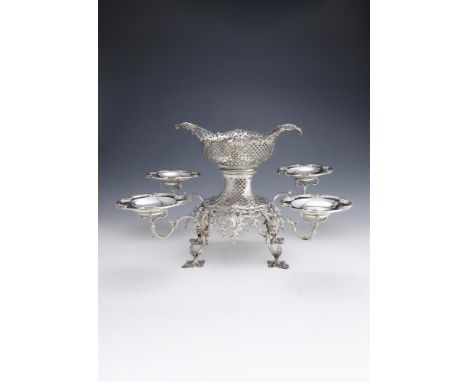 A GEORGE III SILVER EPERGNE WITH LATER SILVER COLOURED BRANCHES AND DISHES MAKER'S MARK R ..., LONDON 1770, THE ARMS UNMARKED