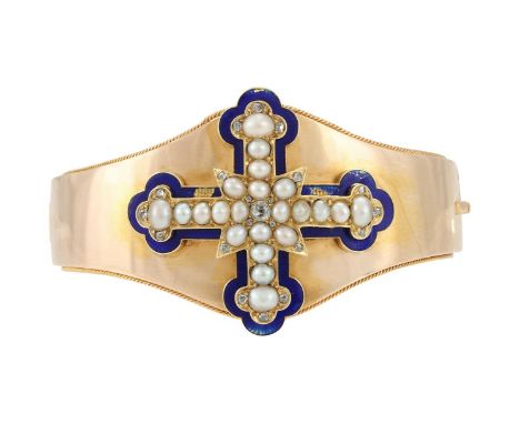 A VICTORIAN DIAMOND, HALF PEARL AND ENAMEL HINGED GOLD BANGLE  CIRCA 1870  The tapering broad bangle with rope twist borders,