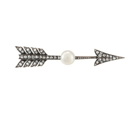 A LATE 19TH CENTURY NATURAL BOUTON PEARL AND DIAMOND ARROW BROOCH CIRCA 1890 The gold backed silver arrow set throughout with