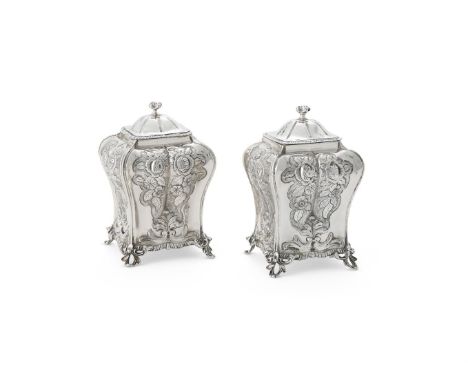 A PAIR OF GEORGE III SILVER TEA CADDIES EDWARD ALDRIDGE II, LONDON 1764 The domed covers with gadrooned borders, the bodies c