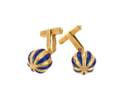 A PAIR OF BLUE ENAMELLED ORB CUFFLINKS  CIRCA 1970  The reeded orb terminals with alternating polished gold coloured and blue