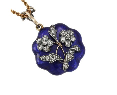 A MID VICTORIAN DIAMOND AND BLUE ENAMEL FLORAL SPRAY LOCKET PENDANT ON CHAIN  CIRCA 1870  The circular lobed blue enamel pend