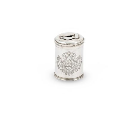 A JAMES II SILVER BOUGIE BOX MAKER'S MARK OBSCURED, CIRCA 1665 With a pull off domed cover, engraved with an armorial 7.5cm (