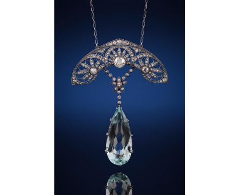 A BELLE EPOQUE AND LATER DIAMOND AND AQUAMARINE DROP PENDANT The pierced floral fan shaped pediment set with rose cut diamond