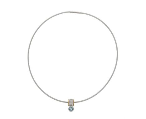 GEORG JENSEN, AN 18 CARAT GOLD AQUAMARINE PENDANT ON A WHITE GOLD COLLAR  LONDON 2000  The two colour barrel shaped pendant w