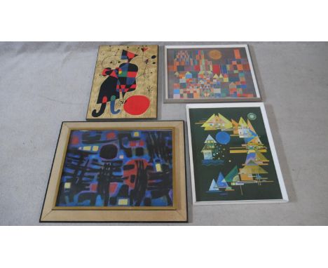 Four framed and glazed abstract prints, one Miro, one Monessier and Paul Klee. (one mounted on wood, not glazed or framed) H.