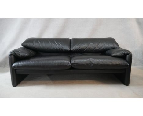 A vintage Maralunga sofa in black leather upholstery with adjustable back rests by Vico Magistretti for Cassina. H.72 L.182 D