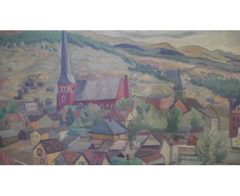 A framed oil on canvas, townscape, preparatory sketch to the reverse, unsigned. H.71.5 W.86.5cm 
