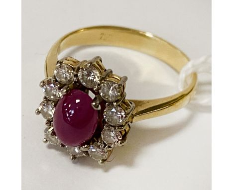 18CT GOLD RUBY, CABACHON &amp; DIAMOND RING SIZE L 4.2 GRAMS APPROX