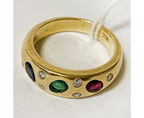 18CT GOLD EMERALD,RUBY, SAPPHIRE &amp; DIAMOND RING - SIZE M 7.6 GRAMS APPROX