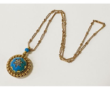 14CT DIAMOND ENAMELLED PENDANT WITH 9CT ALBERT CHAIN  1CT DIAMONDS APPROX