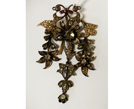 OLD CUT DIAMOND RUBY BROOCH 15.2 SOME GOLD CONTENT