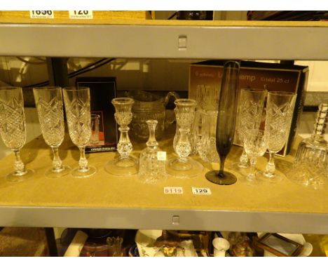 Shelf of mixed glassware including box of six Longchamp crystal glasses