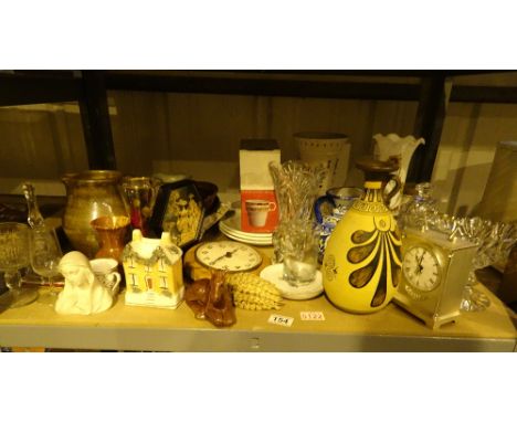 Shelf of mixed items including glass ceramics clock etc