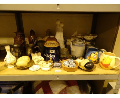 Shelf of mixed items including glass ceramics hip flasks Tetley tea cookie jar etc