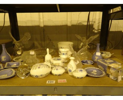 Shelf of mixed collectables including glass bird sculptures Wedgwood paperweight etc
