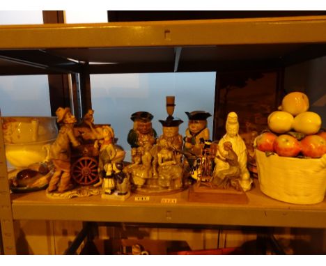 Shelf of mixed items including clock glassware ceramics paperweight etc
