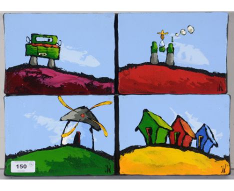 Claire Walker - "Red Tractor", "Green Mill", "Rose Truck" and "Beach Huts", inscribed on the stretcher, acrylic on box canvas