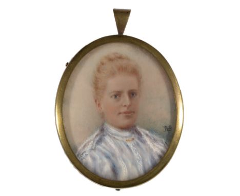 V*** D*** - A miniature bust portrait of an auburn-haired woman wearing a white blouse, indistinctly signed with monogram, bo