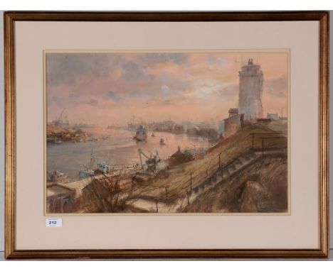 Walter Holmes - "North Shields Harbour", signed, pastel, 35 x 53cms, in frame.