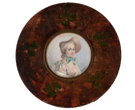 *** N*** - A miniature bust portrait of a young woman wearing a bonnet tied at the neck with a green ribbon, indistinctly sig