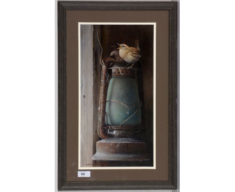 A*** Westwood - A wren perched on an old oil lamp, signed, oil on board, 40.5 x 21cms, in frame.