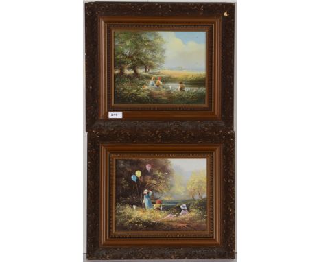 *** Dyer - Children playing at a riverbank, signed, oil on canvas, 19.5 x 24cms, in frames. (a pair)
