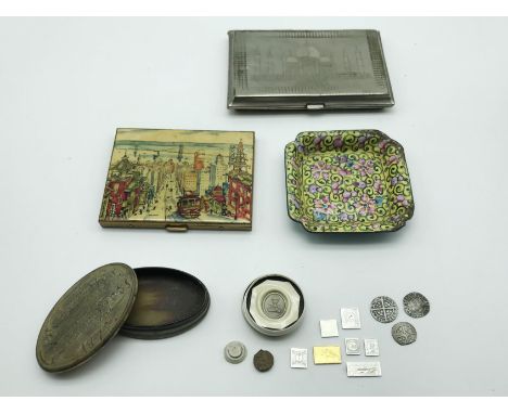 SMALL GROUP OF INTERESTING ITEMS INCLUDING HAMMERED COINS  MINIATURE SILVER STAMP INGOTS MIDDLE EASTER CIGARETTE CASE, CHINES