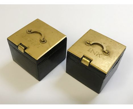 VINTAGE TRAVEL INKWELL SET BRASS  LEATHER