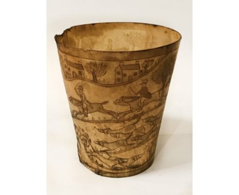 GEORGIAN / VICTORIAN CATTLE HORN INCISED STIRRUP CUPFOX HUNTING SCENE, INSCRIBED RICHMONDHeight 120 mm. Upper rim diameter 10
