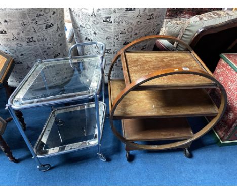 A 1960s chrome triangular tea trolley and an Art Deco style circular design tea trolley
