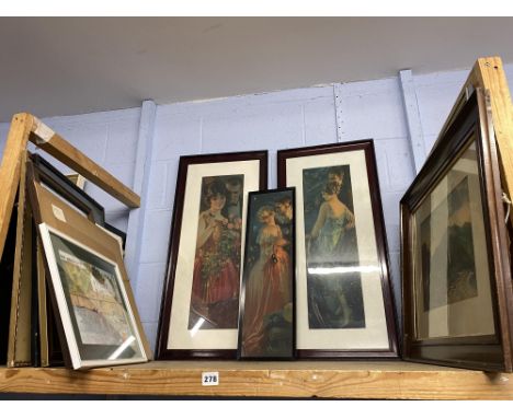 A shelf of artwork, to include Art Deco style prints, amateur watercolours and a print of a Scottish landscape after Waller H