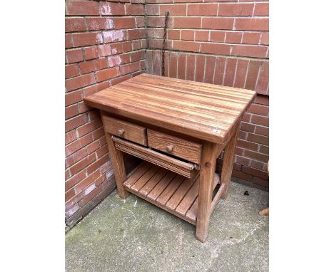 A stained wood kitchen unit, with two drawers above a slatted open shelf beneath, 88cm x 90cm x 69cm overall