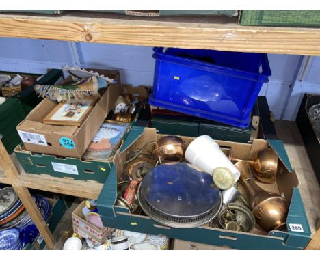 Four boxes of copper and silver plated ware, embroidered artwork, coloured art glassware, ceramics and leather bound Reader's