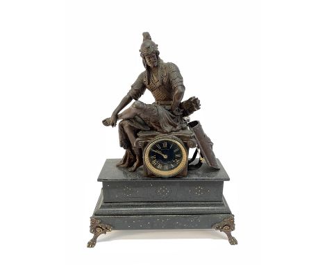 A Continental spelter and marble mantel clock, the surmount modelled as a Roman soldier resting upon the 'Bertout, Rue de Riv