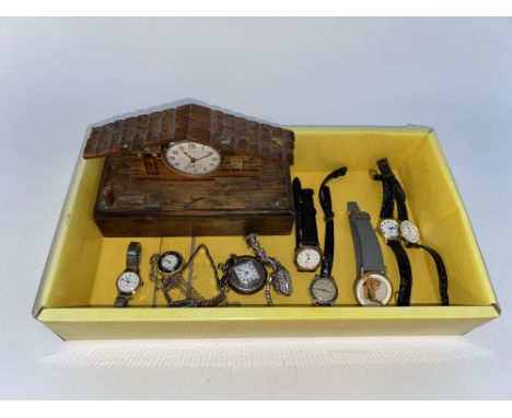 A novelty pine pocket watch stand and pocket watch, together with various pocket and wristwatches to include an Art Deco cock