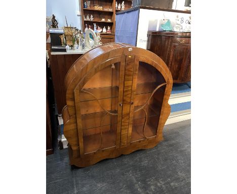 An Art Deco walnut spherical china cabinet, 129cm H, 123cm W, 33cm D