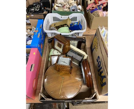 A box of early to mid 20th century mantel clocks of Art Deco and other designs and another box of clocks and parts