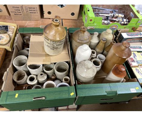 Two boxes of stoneware flagons, beer bottles and jars, including a John Fentiman Botanical Brewer of Southwick flagon