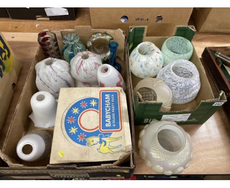 Two boxes of various early and mid 20th Century glass lamp shades, a Mdina blue and yellow striped vase and Art Nouveau iride