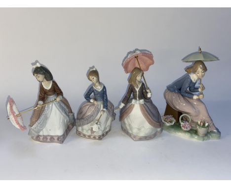 Three Lladro porcelain ornaments of girls with parasols and another by Nao, the largest measures 22cm H