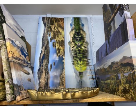 A shelf of clean Lake District photographic canvas prints, scenes include Derwentwater, Friar's Crag, Ashness Bridge and Cast