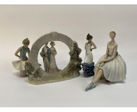 A Lladro porcelain ornament of a 'Bermuda Moon Gate', 28cm H, together with four Lladro and Nao figural ornaments