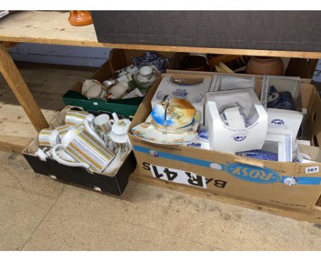 Four boxes of assorted tableware, including Sienna Midwinter coffee ware, Ringtons and Hornsea Heirloom storage jars