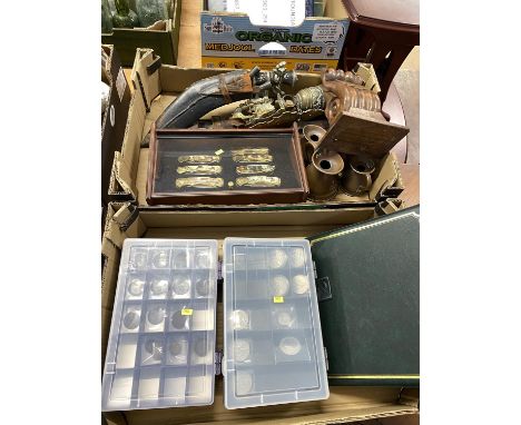 Two boxes of 19th Century copper measures, Victorian mahogany corbel, coins including Victorian pennies, Kukri knives and bra