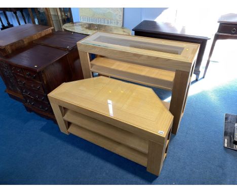 A light oak side table and a television stand