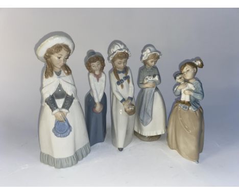 Five Nao porcelain figural ornaments depicting young girls, the largest measures 28cm H