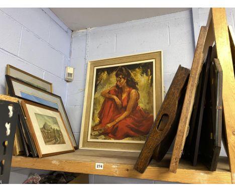 A shelf of artwork to include a mining inspired watercolour, signed J.C. Ross, still life arrangements, a print after Robert 