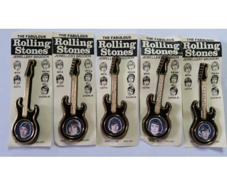 POP MUSIC, plastic guitar brooches, The Rolling Stones, set of five (all portraits), colour, by Invicta Plastics, each on car