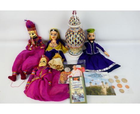 Lot to include a ceramic lamp, Asian puppets, small quantity of coins and other. [W]